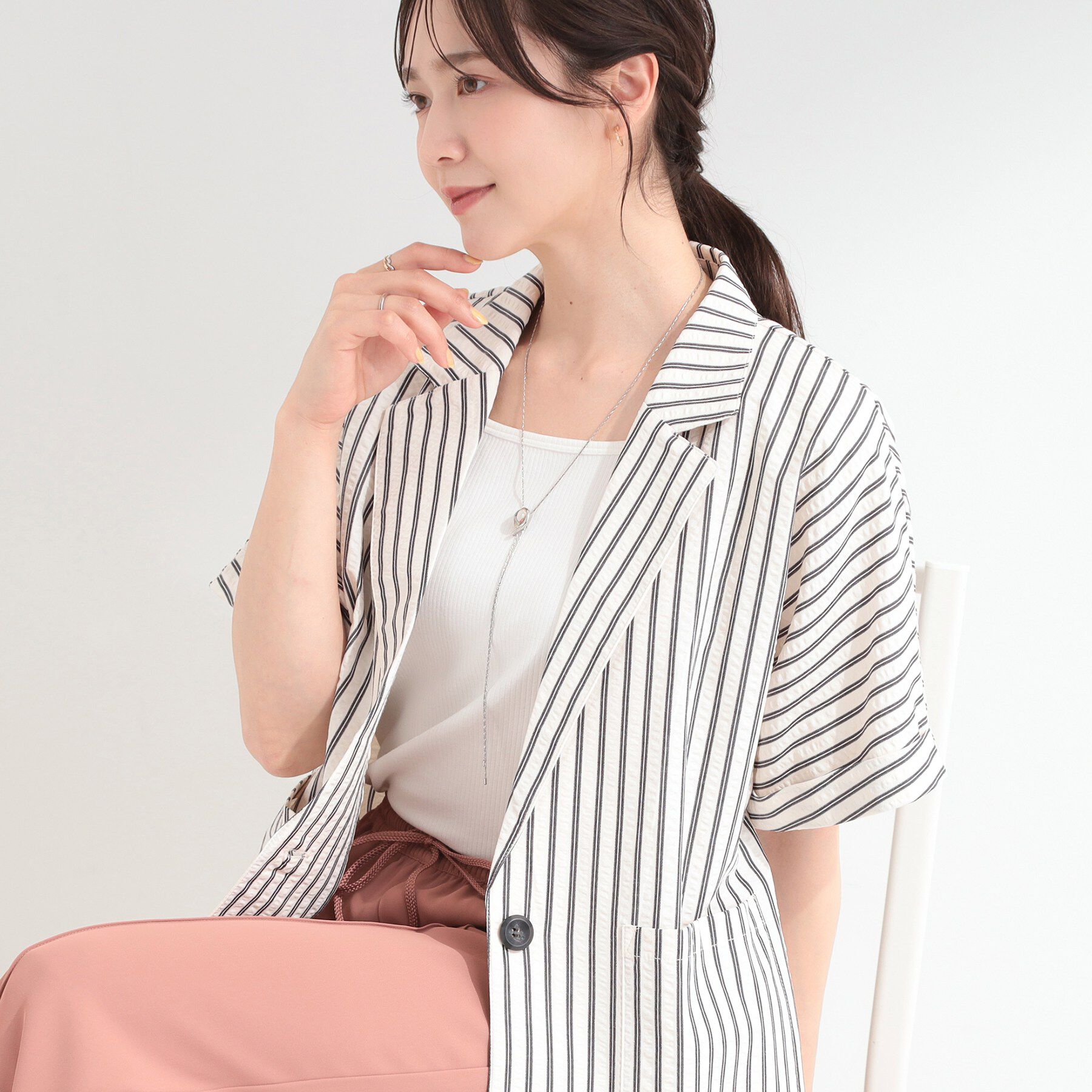SHOO･LA･RUE「【S-LL/吸水速乾/セットアップ可】羽織るだけで主役になる サッカーストライプシャツジャケット」|テーラードジャケット|アイボリー(304)