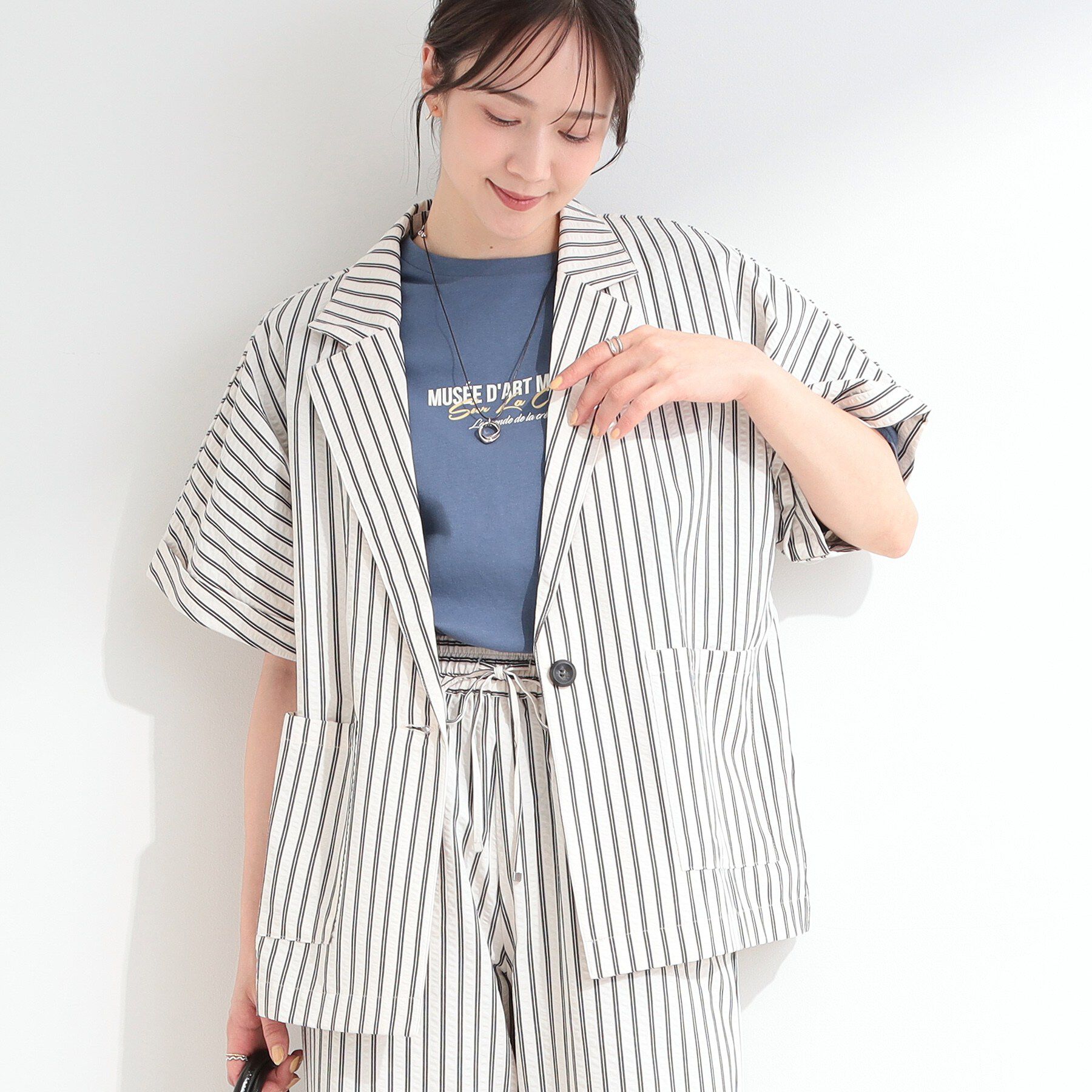 SHOO･LA･RUE「【S-LL/吸水速乾/セットアップ可】羽織るだけで主役になる サッカーストライプシャツジャケット」|テーラードジャケット|