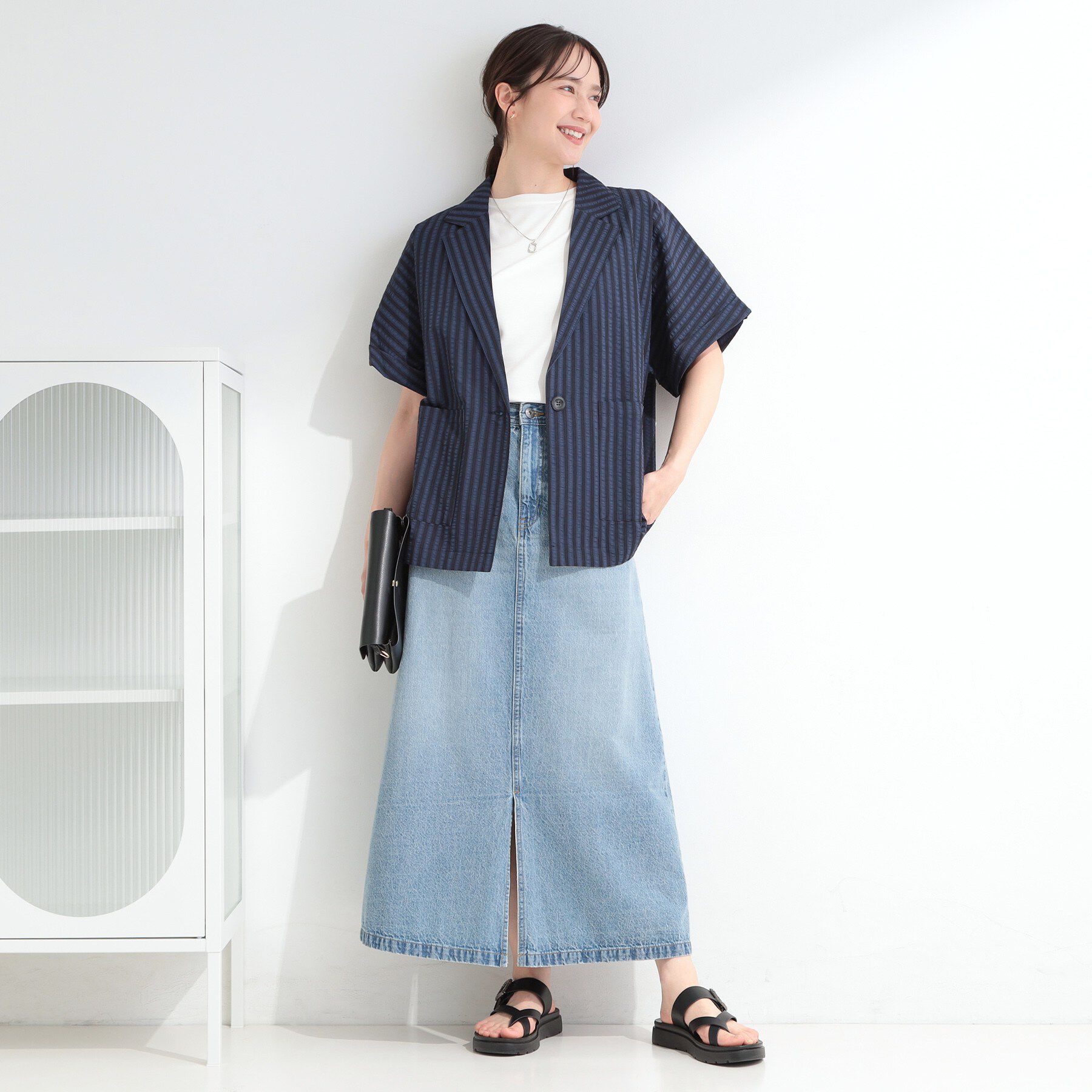 SHOO･LA･RUE「【S-LL/吸水速乾/セットアップ可】羽織るだけで主役になる サッカーストライプシャツジャケット」|テーラードジャケット|
