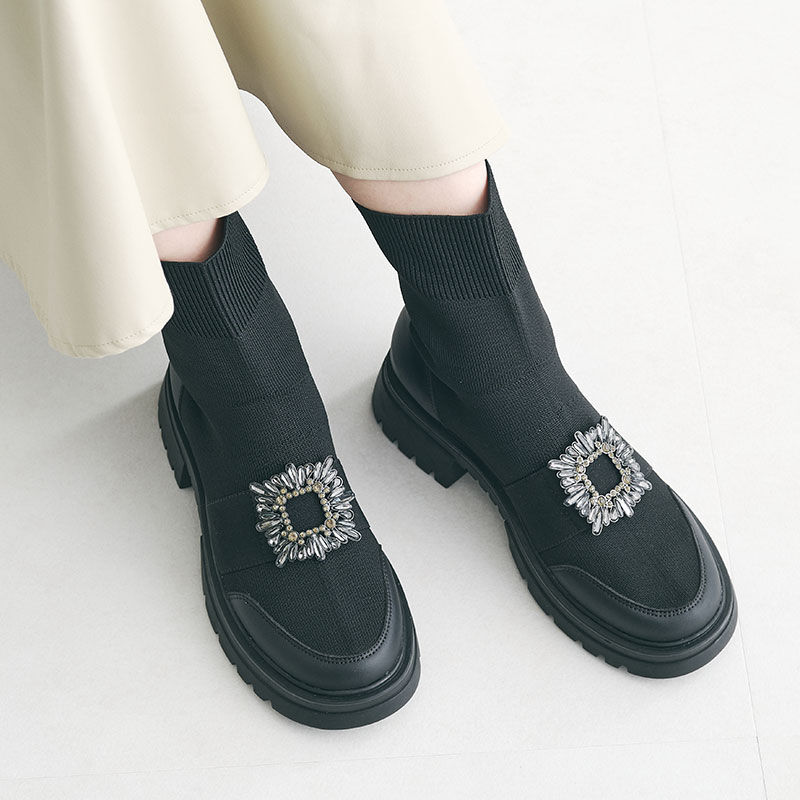 ORiental TRaffic「バックルビジューニットブーツ/31437」|ショートブーツ|BLACK