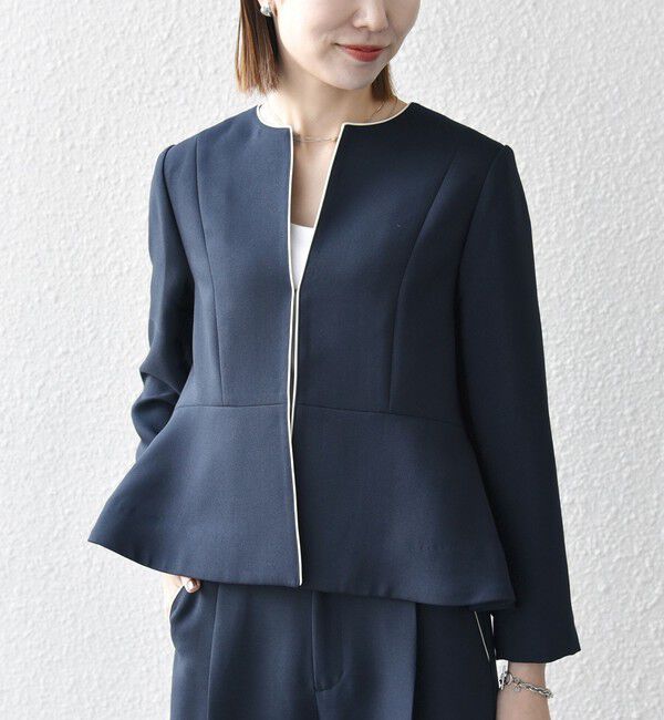 SHIPS any「【WEB限定】〈洗濯機可能〉ダブルクロス  ペプラム ノーカラー ジャケット［NAVY BLUE］」|ノーカラージャケット|