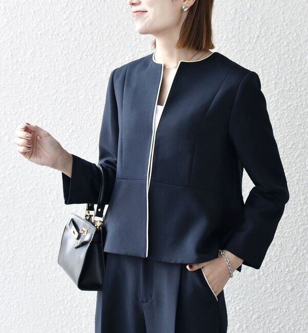 SHIPS any「【WEB限定】〈洗濯機可能〉ダブルクロス  ペプラム ノーカラー ジャケット［NAVY BLUE］」|ノーカラージャケット|