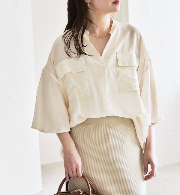 quaranciel「quaranciel:〈手洗い可能〉フレア ハーフスリーブ バンドカラー スキッパー シャツ」|シャツ・ブラウス|