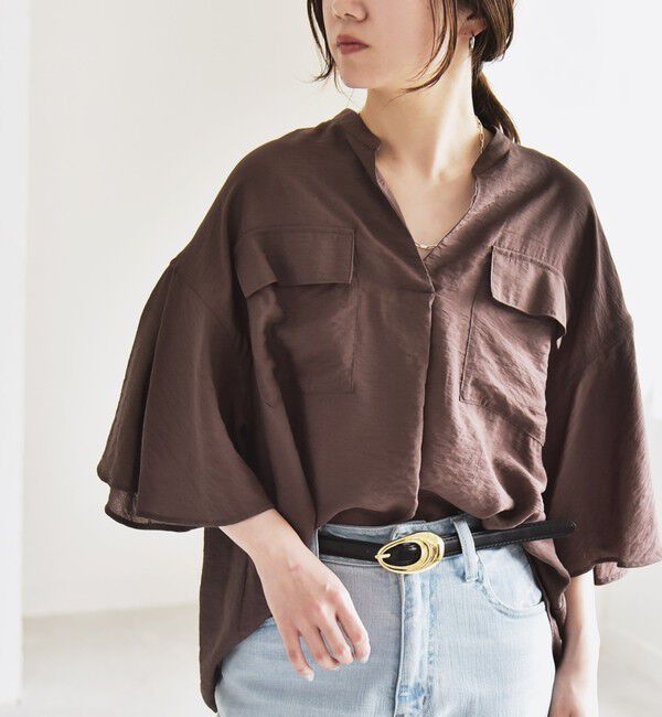 quaranciel「quaranciel:〈手洗い可能〉フレア ハーフスリーブ バンドカラー スキッパー シャツ」|シャツ・ブラウス|ブラウン