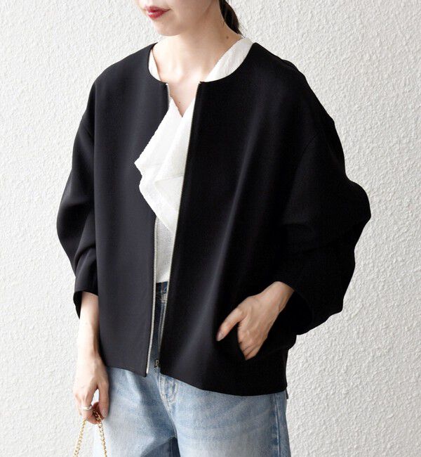SHIPS any「《一部追加予約》〈洗濯機可能〉ダブルクロス ノーカラー ジップ ブルゾン［NAVY BLUE］」|ノーカラージャケット|