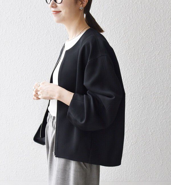 SHIPS any「《一部追加予約》〈洗濯機可能〉ダブルクロス ノーカラー ジップ ブルゾン［NAVY BLUE］」|ノーカラージャケット|