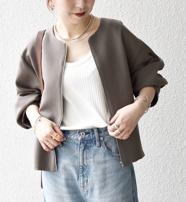 SHIPS any「《一部追加予約》〈洗濯機可能〉ダブルクロス ノーカラー ジップ ブルゾン［NAVY BLUE］」|ノーカラージャケット|
