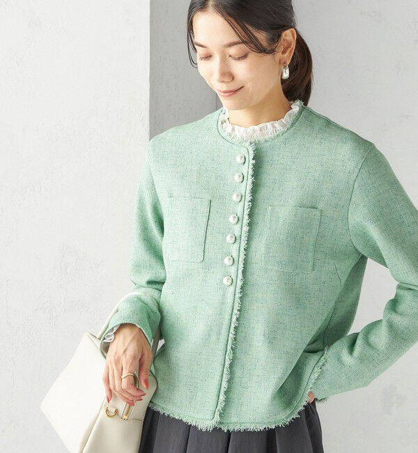 SHIPS for women「〈手洗い可能〉ストレッチ ツイード パール ボタン ジャケット」|ノーカラージャケット|ライム
