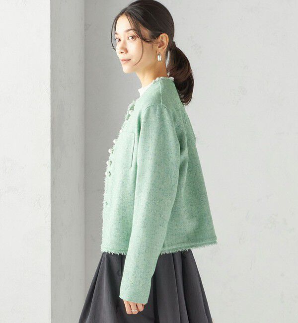 SHIPS for women「〈手洗い可能〉ストレッチ ツイード パール ボタン ジャケット」|ノーカラージャケット|