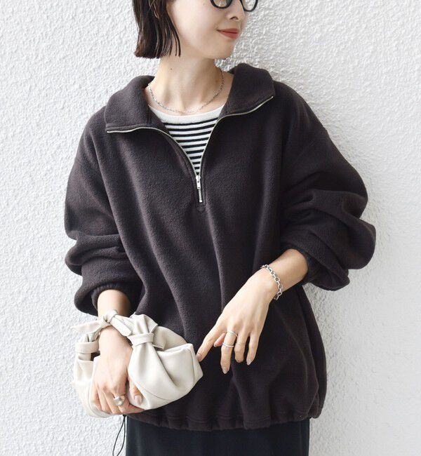 SHIPS for women「〈洗濯機可能〉フリース 裾 ドロスト ハーフ ジップ プルオーバー」|Tシャツ・カットソー|チャコールグレー