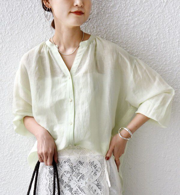SHIPS for women「〈手洗い可能〉IMPERIAL LINEN 混 バンドカラー スキッパー シャツ」|シャツ・ブラウス|