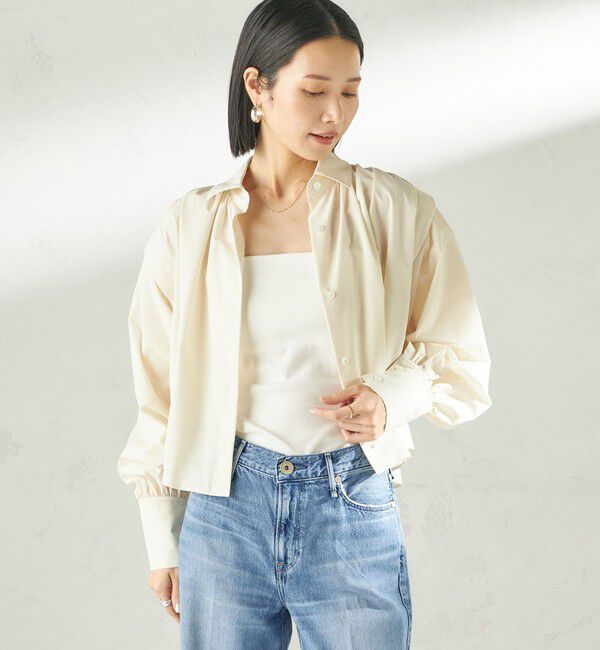 SHIPS for women「堀田茜&times;SHIPS:〈接触冷感/撥水/洗濯機可能〉TEXBRID(R) ギャザー ブラウス」|シャツ・ブラウス|オフホワイト