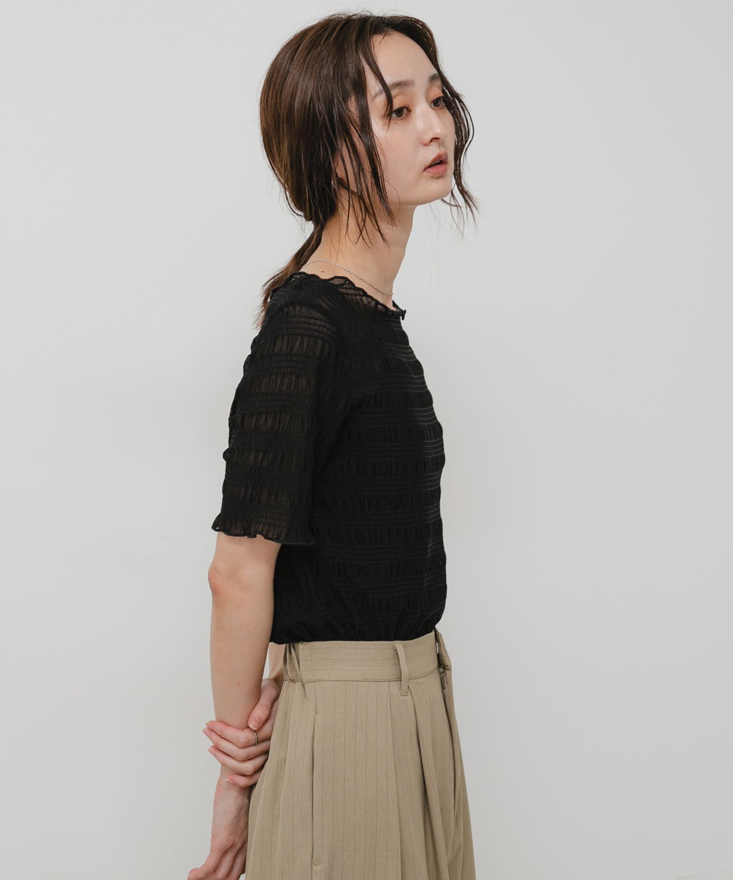 SENSE OF PLACE by URBAN RESEARCH「シャーリングシアートップ(5分袖)」|Tシャツ・カットソー|