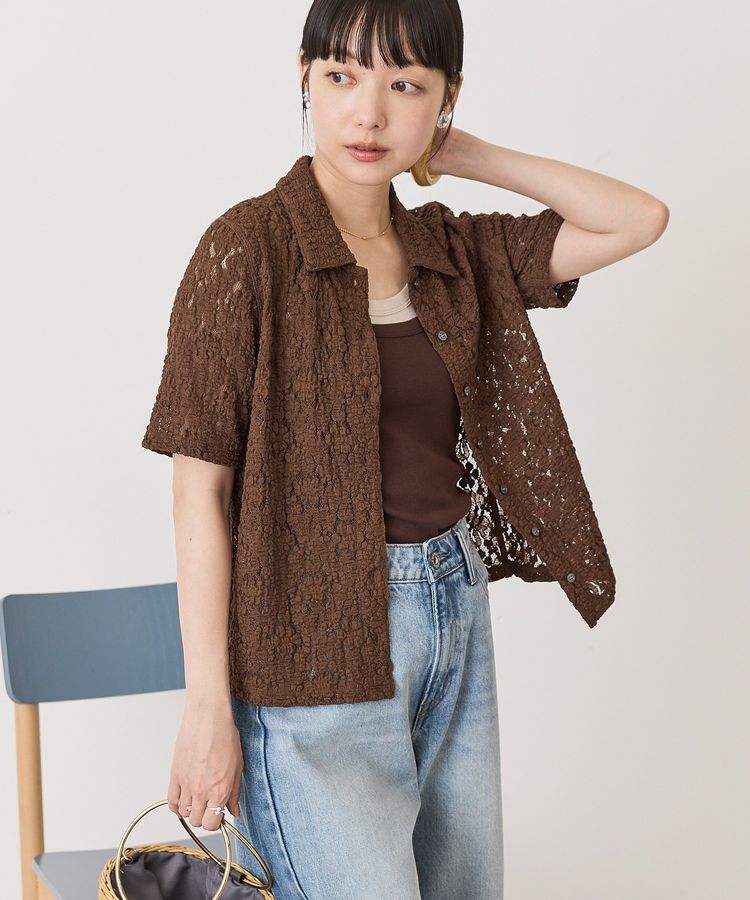 AMERICAN HOLIC「半袖襟付きレースカーディガン」|カーディガン|Brown