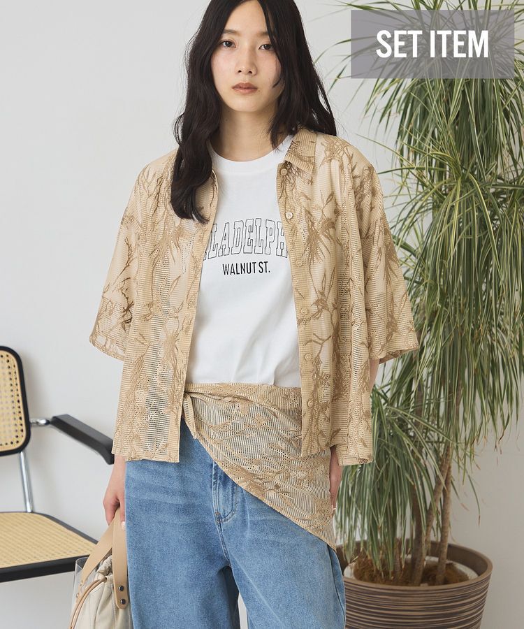AMERICAN HOLIC「【2点セット】メッシュレース半袖シャツ+スカーフ」|シャツ・ブラウス|Beige