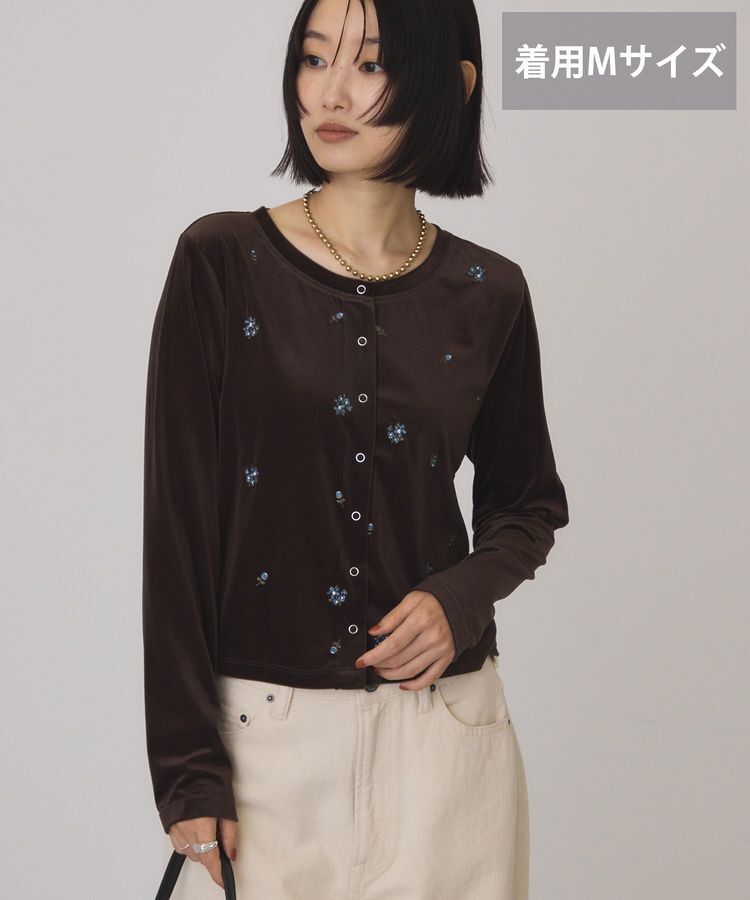 AMERICAN HOLIC「【選べる丈】シアーベロア刺繍カーディガン」|カーディガン|Brown