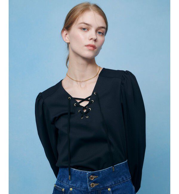 LOULOU WILLOUGHBY「【LOULOU WILLOUGHBY】モックロディレースアップマリンプルオーバー」|Tシャツ・カットソー|ブラック
