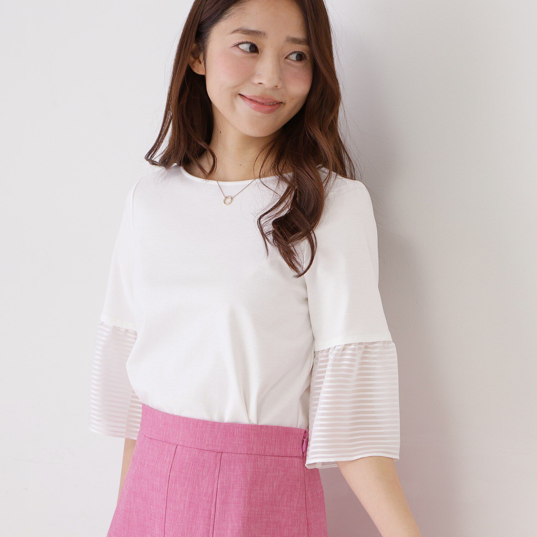 COUP DE CHANCE「【5分袖／日本製／接触冷感】異素材ドッキングカットソー」|Tシャツ・カットソー|