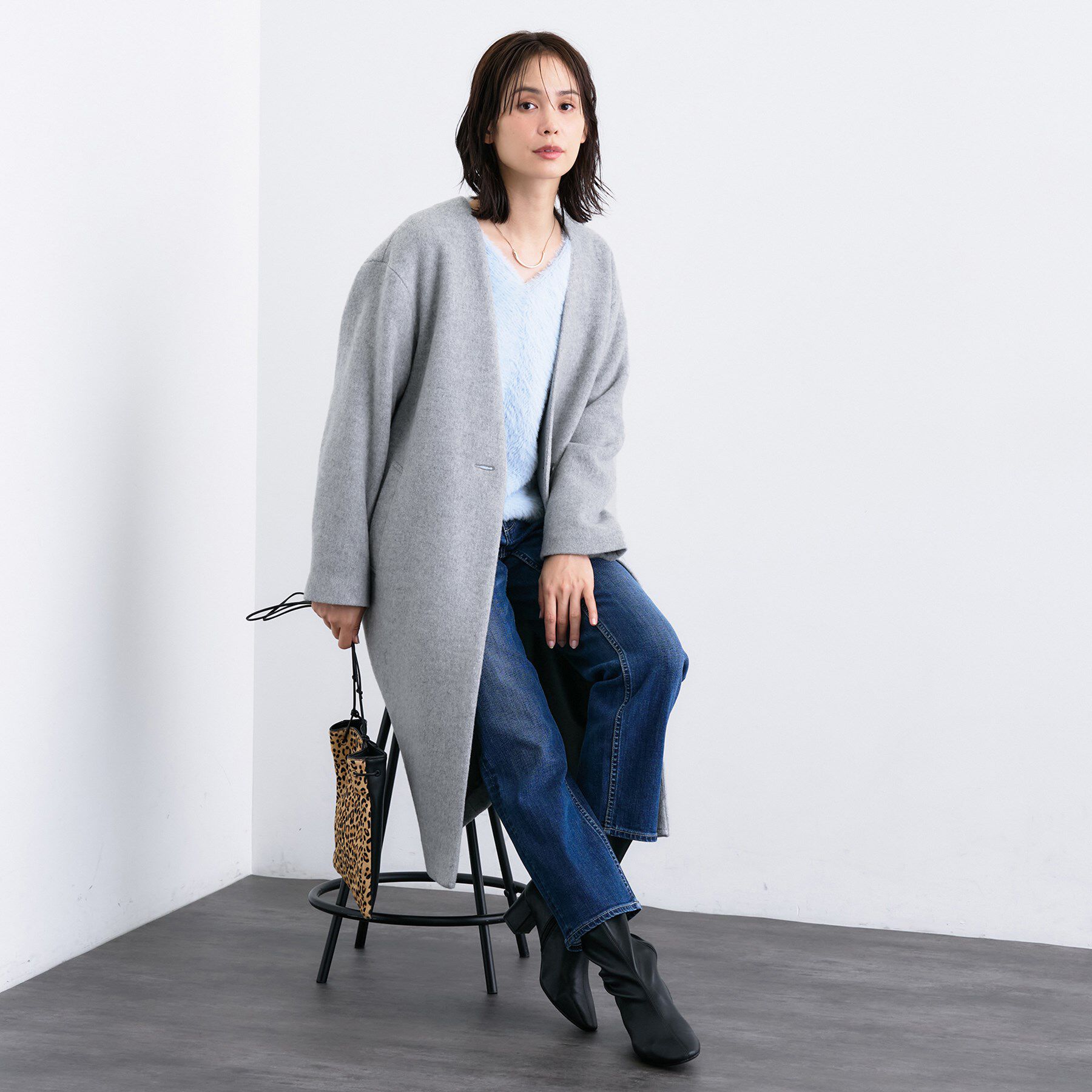 INDIVI「【軽量／ウール混】ライトフォルム ロングコート」|ノーカラーコート|