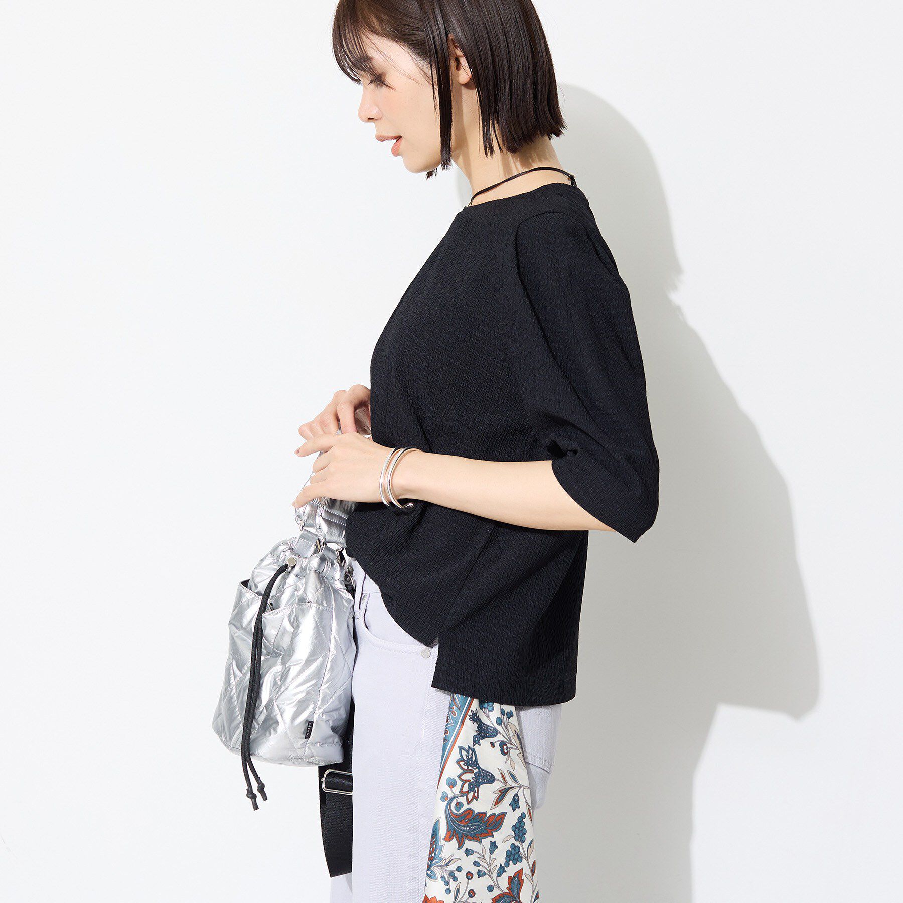 INDIVI「【UVケア／吸汗速乾】チェック柄タックボリュームスリーブトップス」|Tシャツ・カットソー|