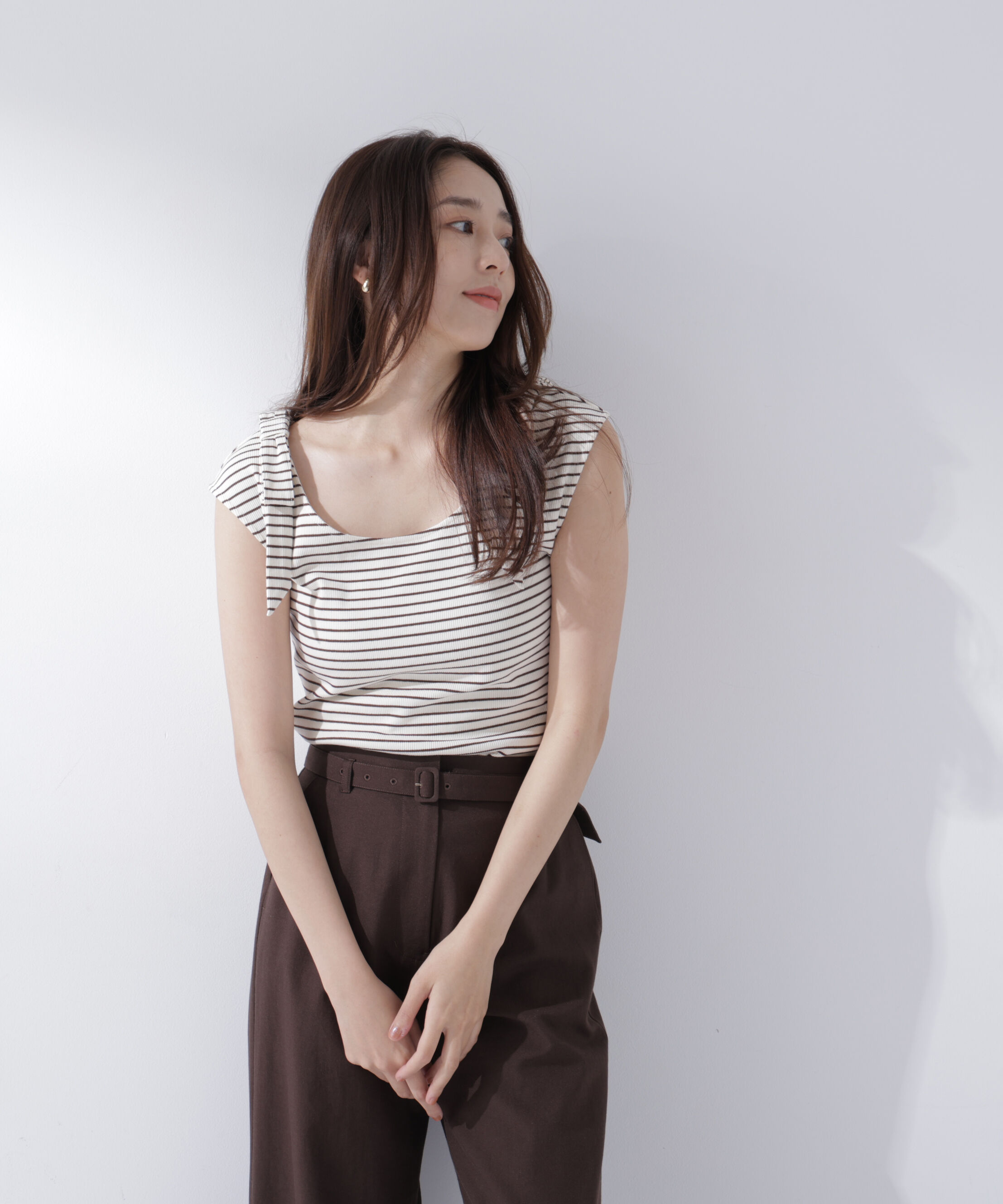  「ショルダーリボンボーダートップス」|Tシャツ・カットソー|