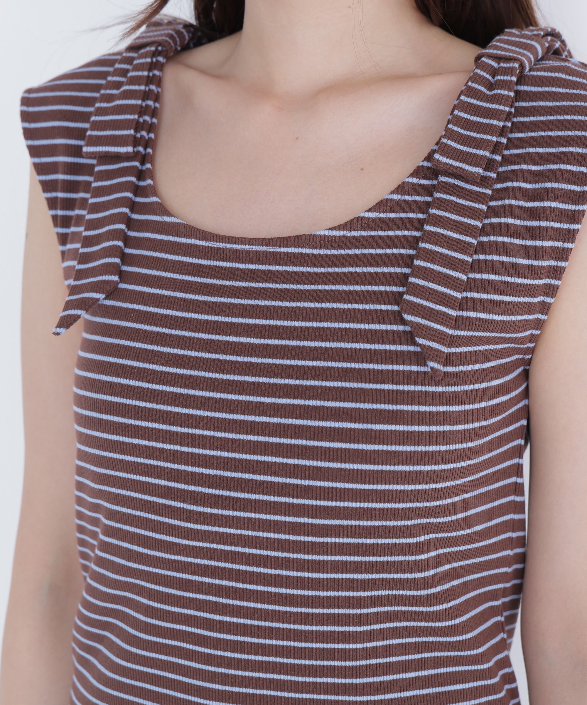  「ショルダーリボンボーダートップス」|Tシャツ・カットソー|