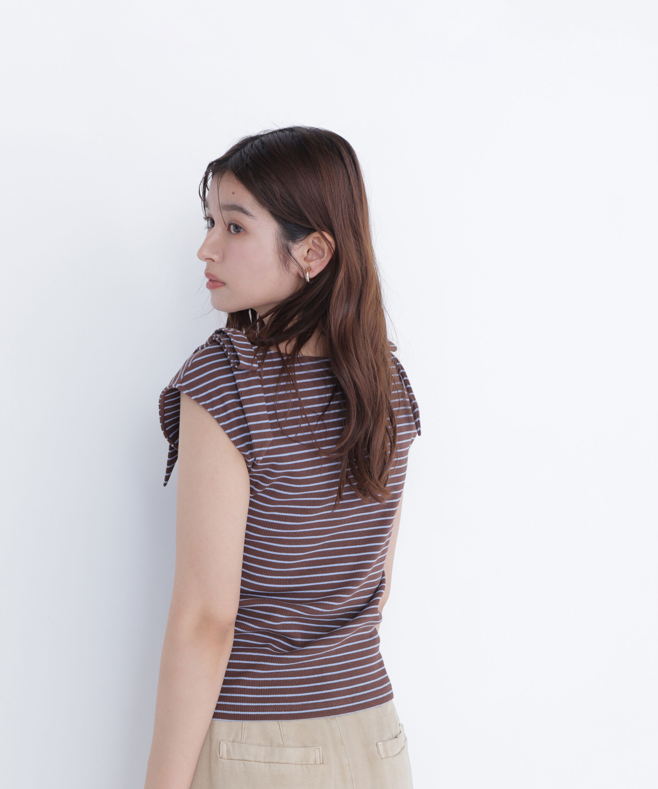  「ショルダーリボンボーダートップス」|Tシャツ・カットソー|