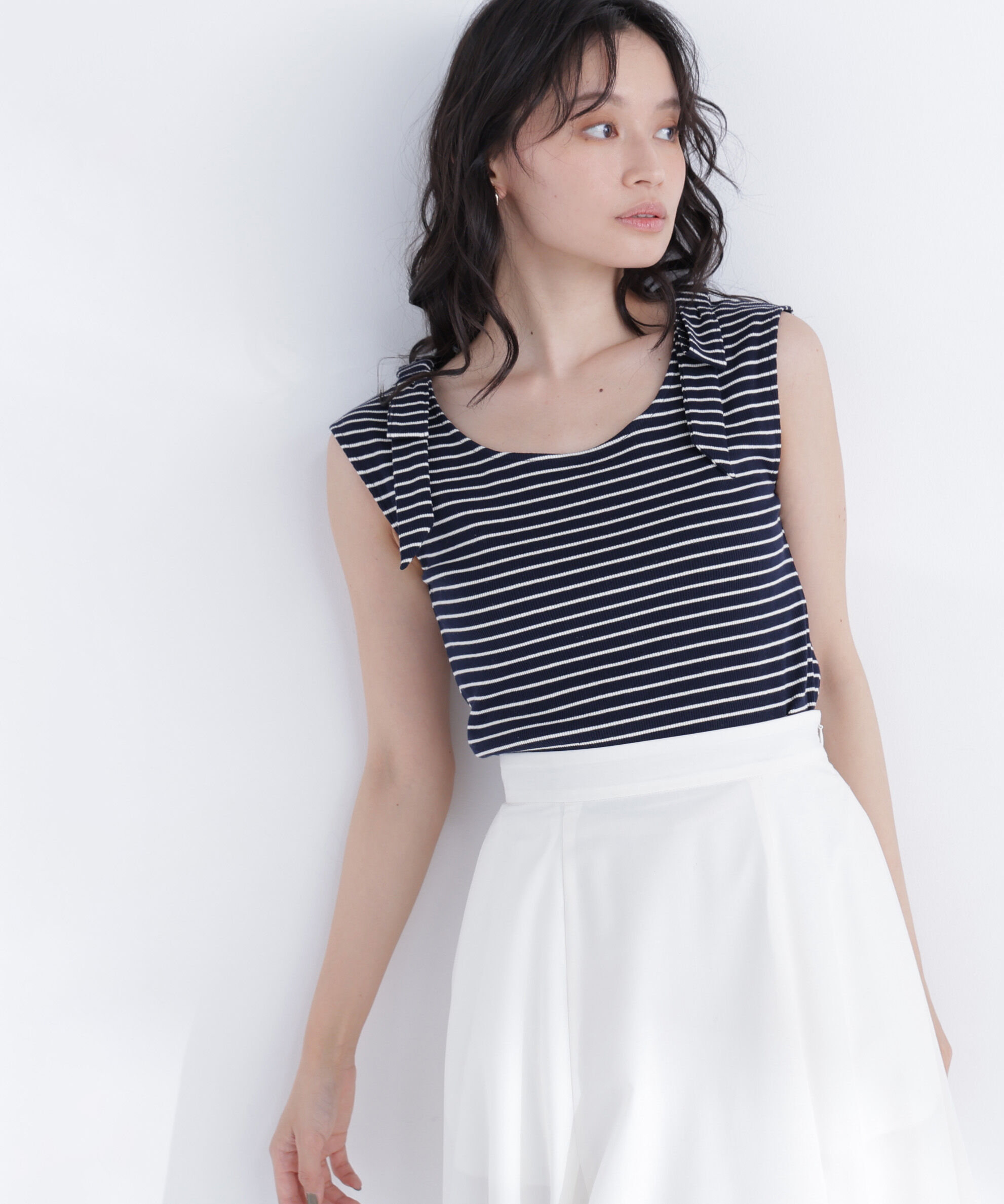  「ショルダーリボンボーダートップス」|Tシャツ・カットソー|ネイビー2