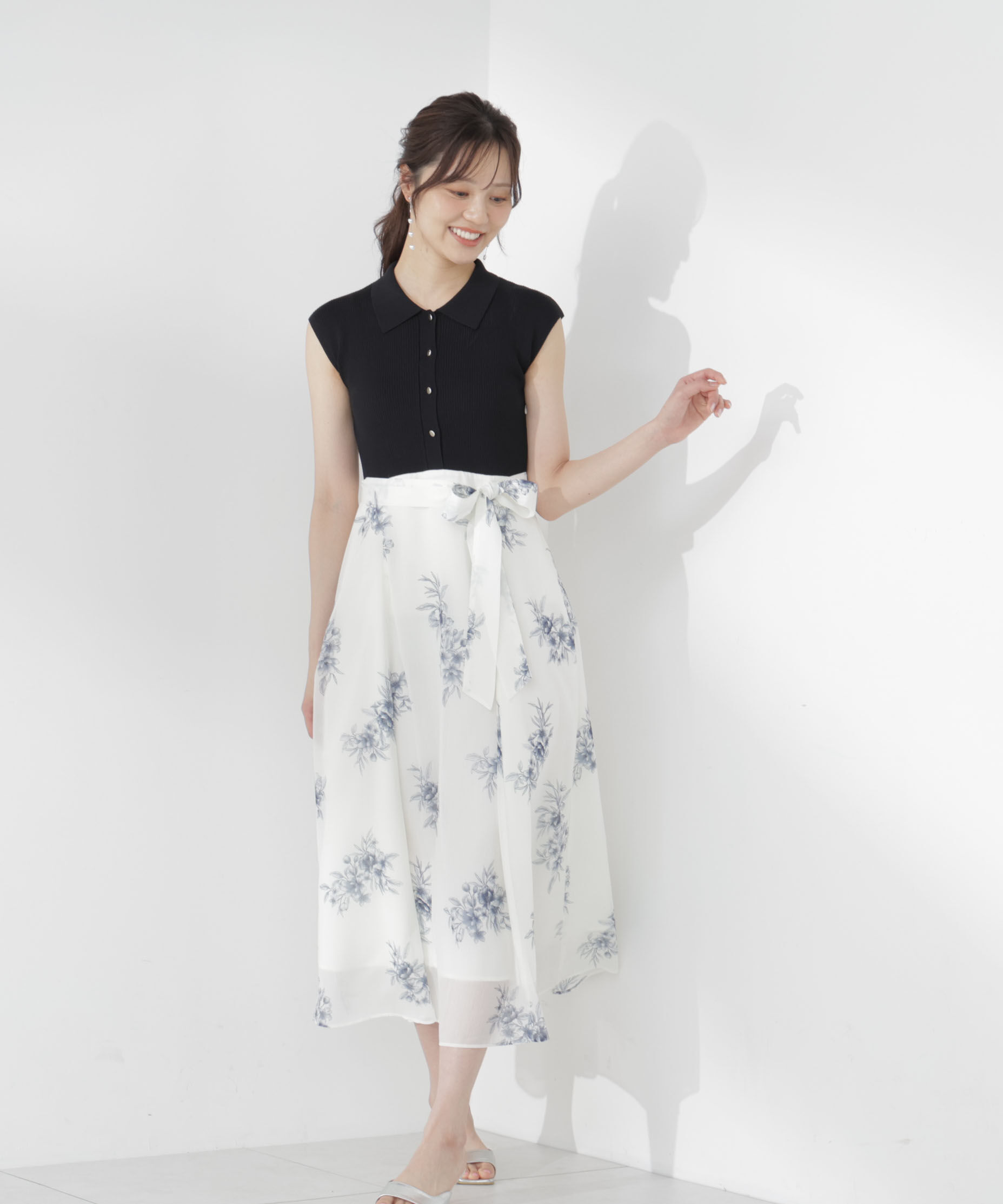 PROPORTION BODY DRESSING「衿付き柄ドッキングニットワンピース 26AW」|ワンピース|