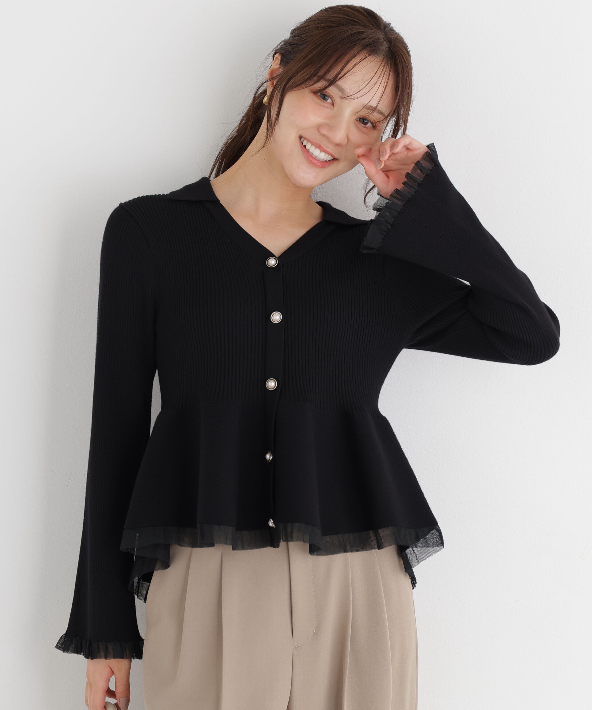 PROPORTION BODY DRESSING「シアー切り替えペプラムニット 26AW」|ニット・セーター|ブラック