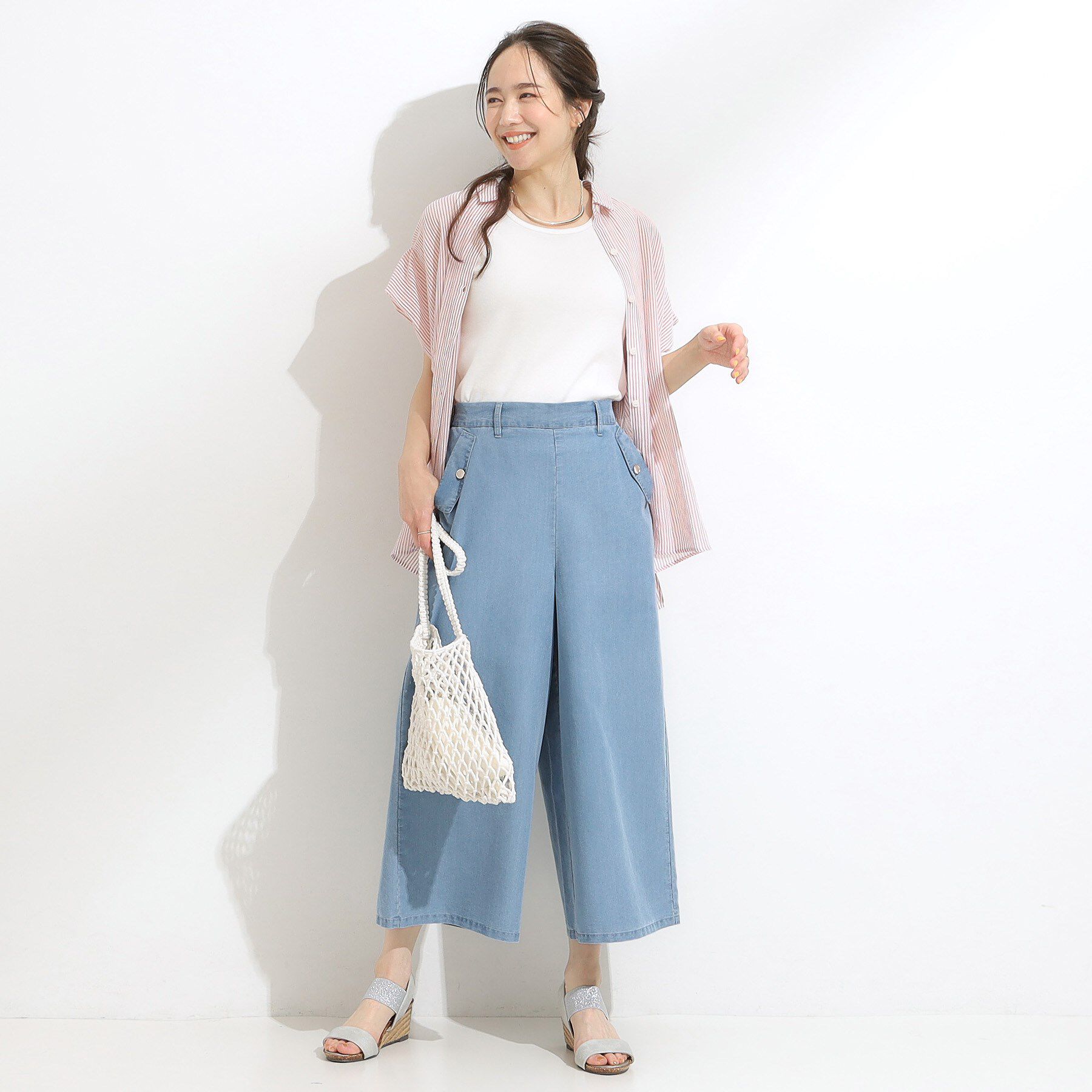 SHOO･LA･RUE「【洗える/S-LL/ひんやり】金ボタンがアクセント　大人のデニムガウチョパンツ」|デニム|
