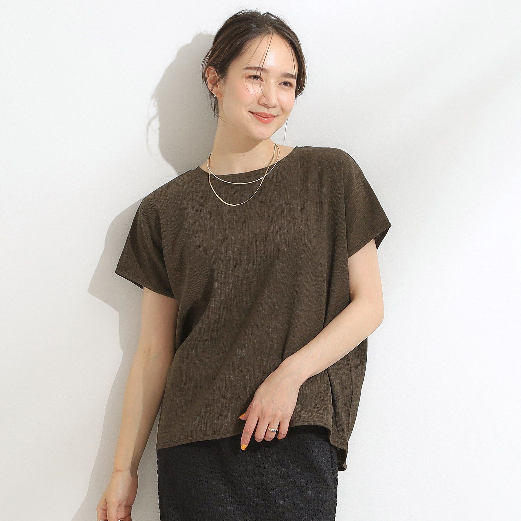 SHOO･LA･RUE「【S-LL】ブラウス見えする 軽やかな着心地の しぼしぼトップス」|Tシャツ・カットソー|