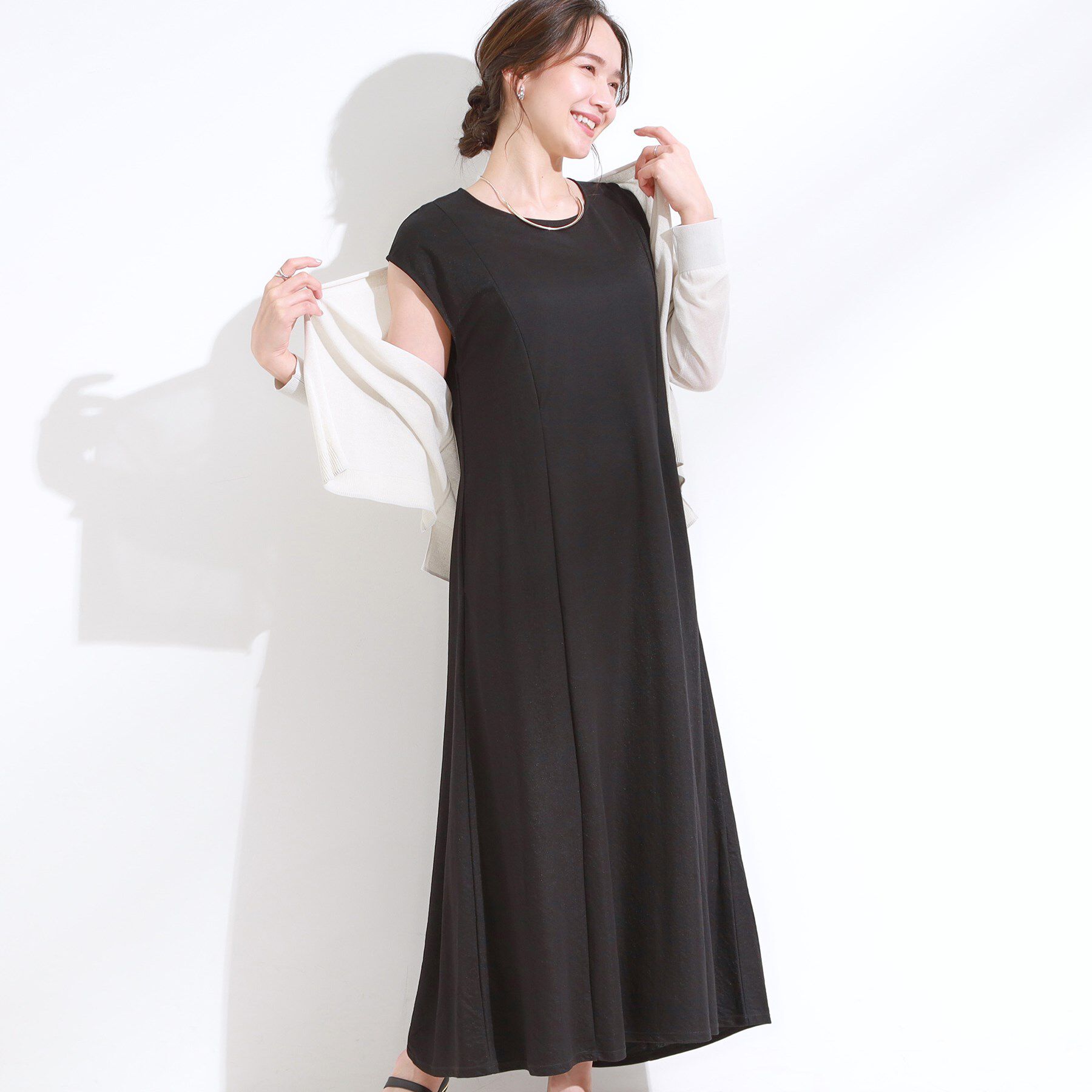SHOO･LA･RUE「【S-LL/ひんやり】切替ラインですっきりと 1枚で着られるロングワンピース」|ワンピース|ブラック(019)