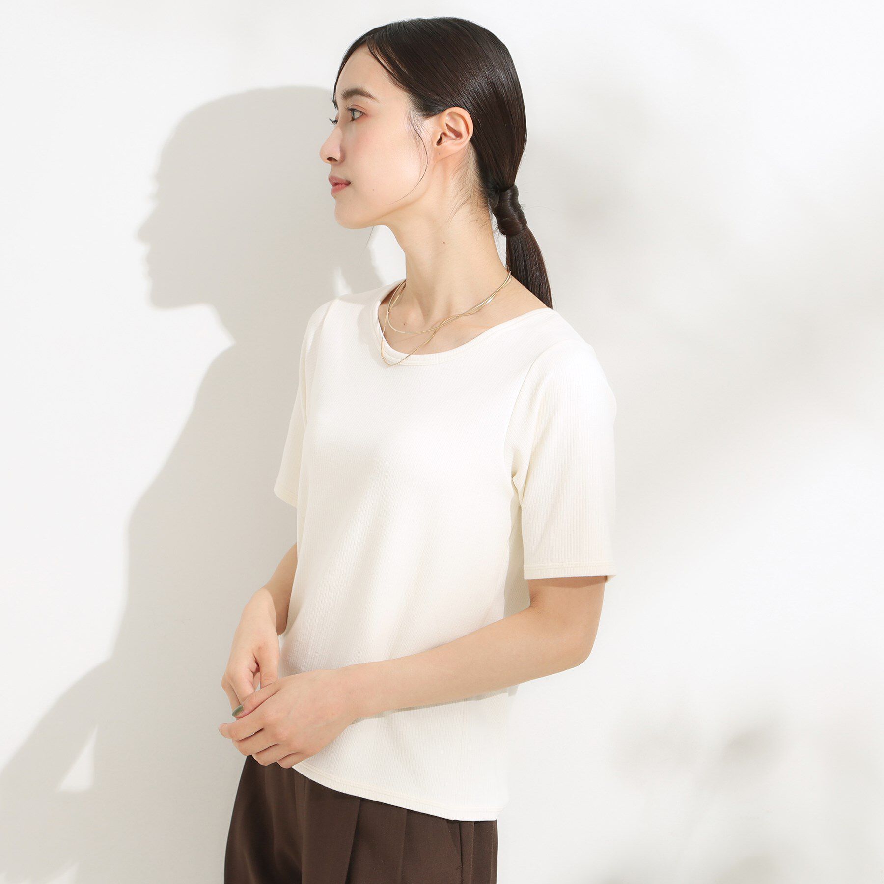 SHOO･LA･RUE「【S-LL/ひんやり/前後2WAY】シンプルだから使いやすい テレコTシャツ」|Tシャツ・カットソー|