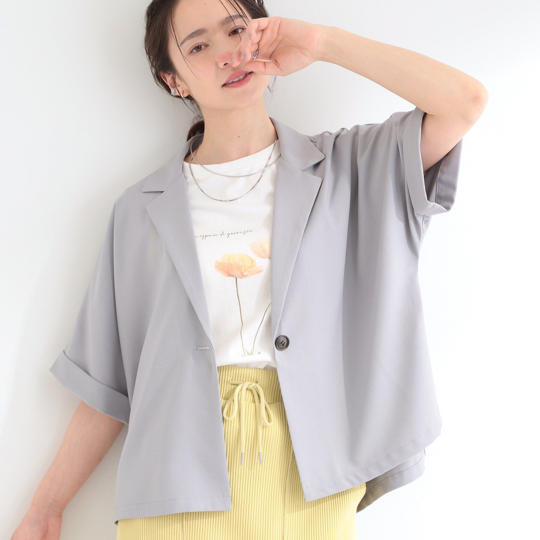 SHOO･LA･RUE「【セットアップ可/洗濯後しわになりにくい/S-LL】半袖とろみテーラードジャケット」|テーラードジャケット|グレー(012)