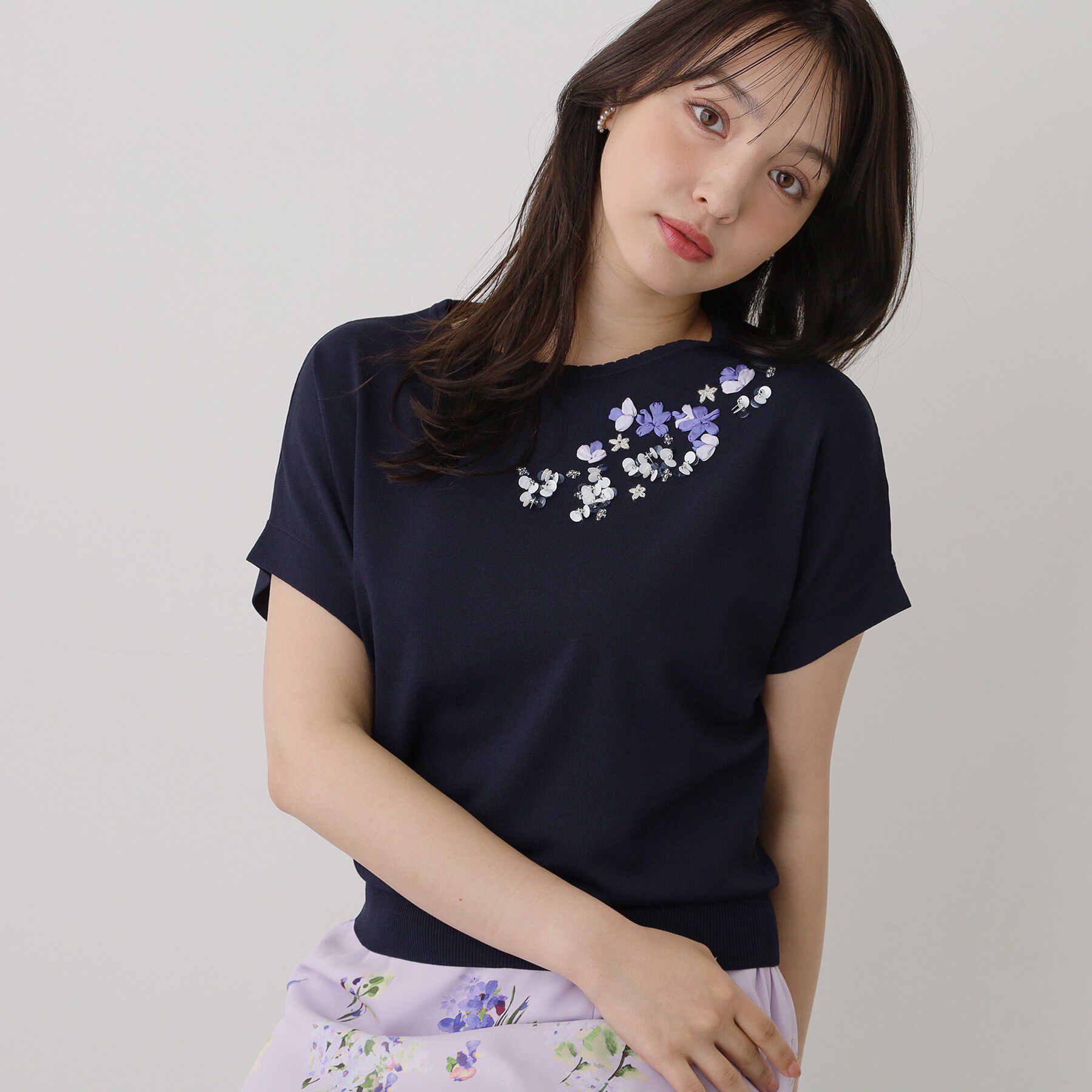 SunaUna「【SS～Lサイズ展開／スパンコール・ビジュー・刺繍】クラフトニット」|ニット・セーター|ネイビー(094)