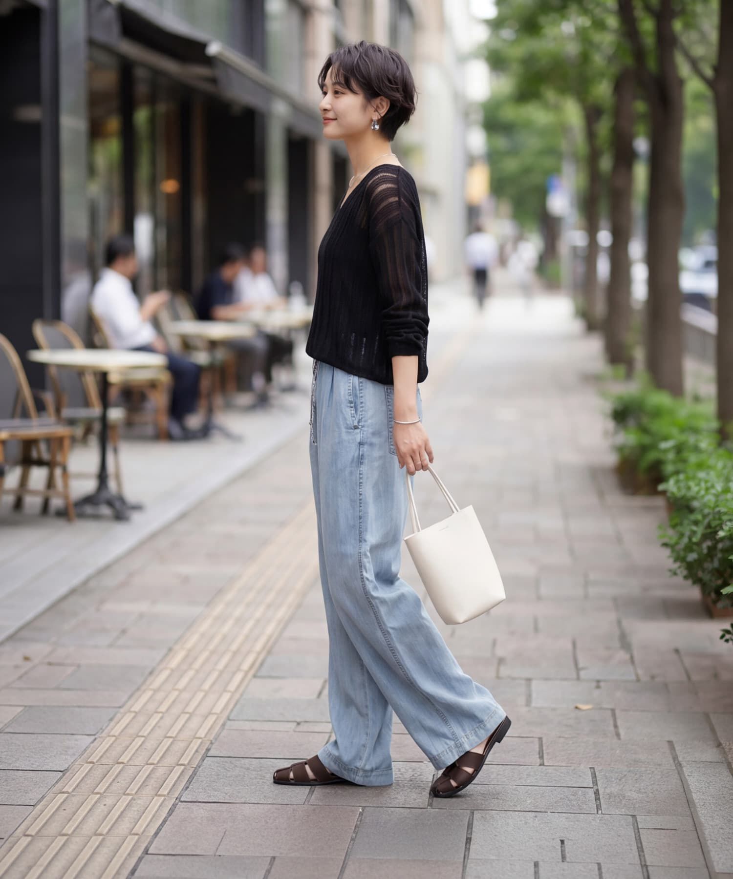 STYLE DELI「涼しいストライプ編みVネックシアーニット」|ニット・セーター|