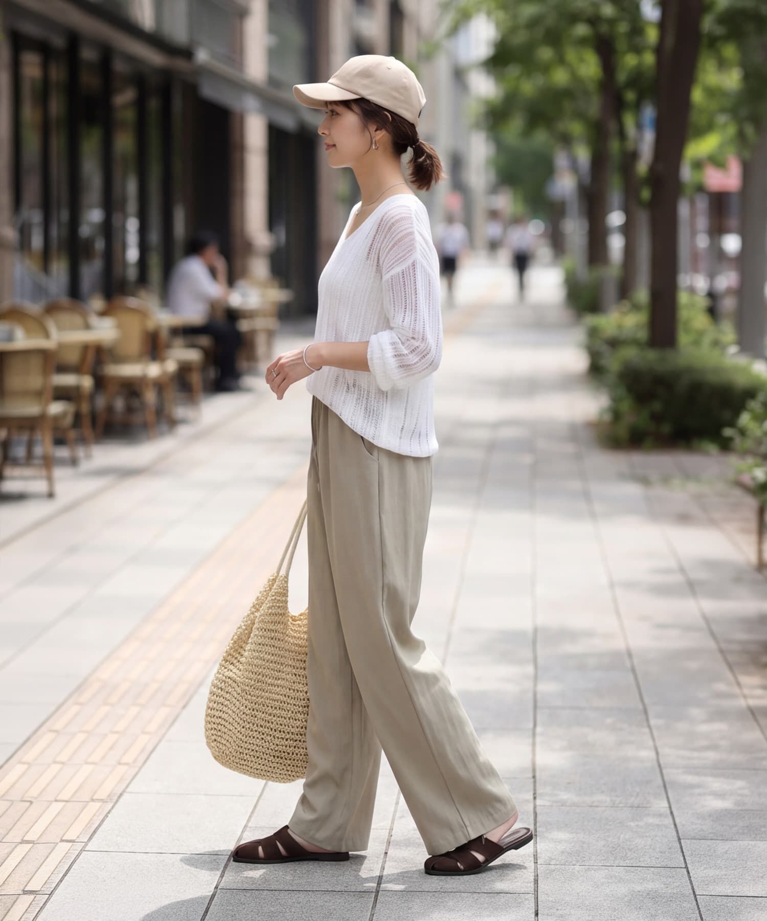 STYLE DELI「涼しいストライプ編みVネックシアーニット」|ニット・セーター|