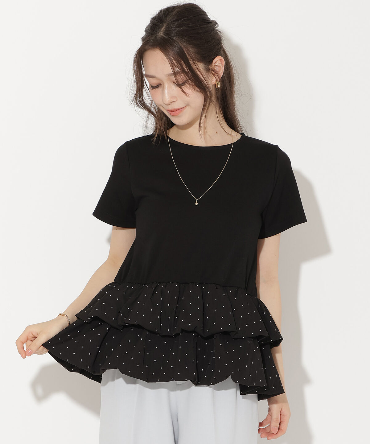 WILLSELECTION「ドットバルーンヘムペプラムトップス」|Tシャツ・カットソー|ブラック