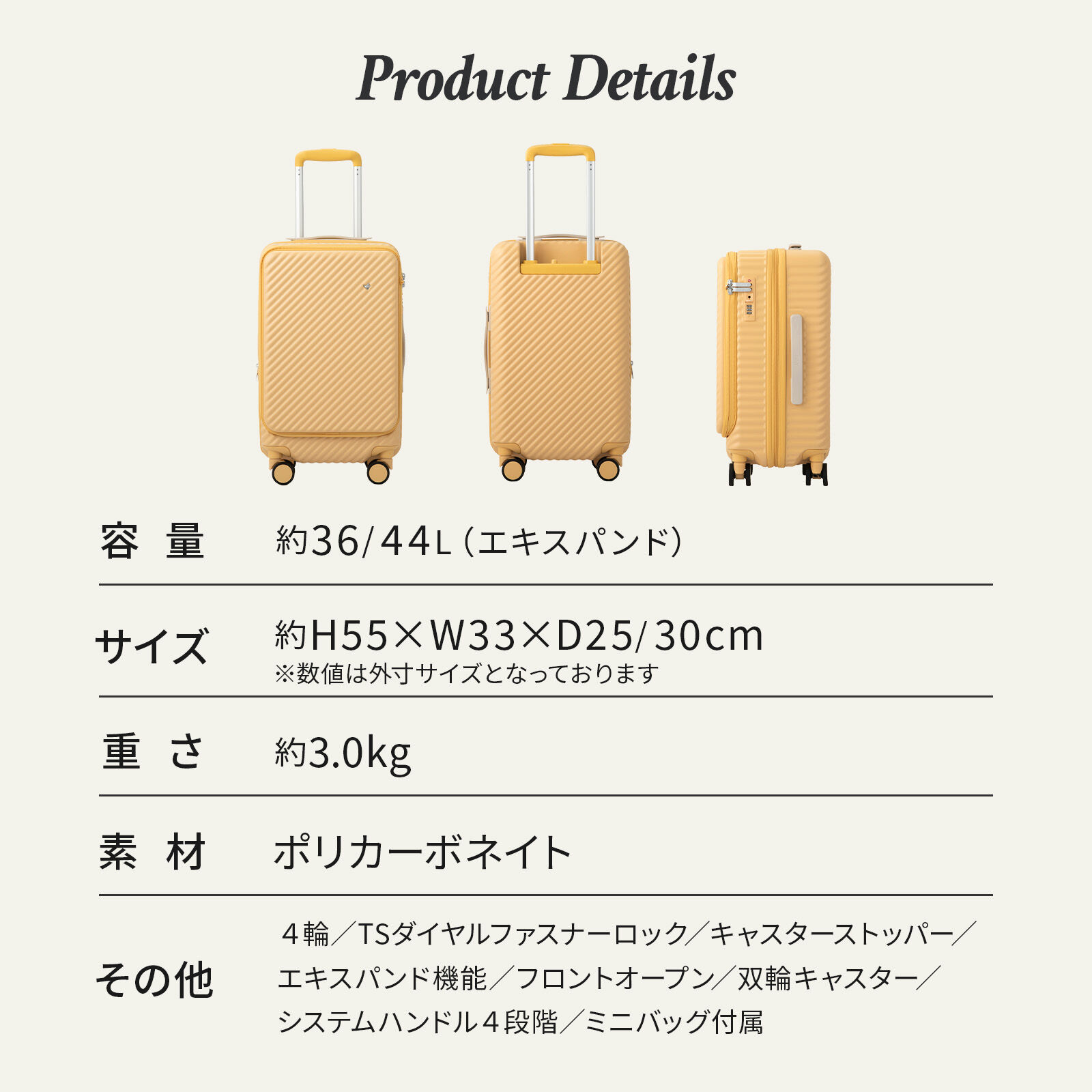 HaNT「HaNT／ハント ココント スーツケース 機内持ち込み フロントオープン 36/44L 05511」|キャリーケース|