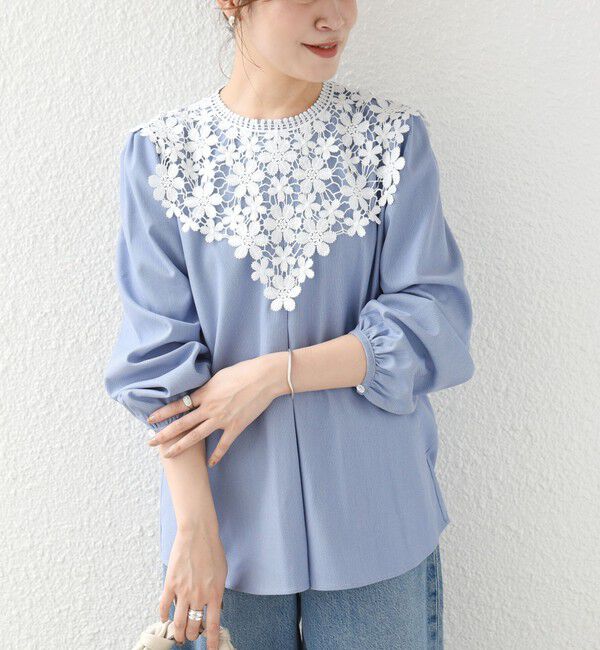 SHIPS for women「【WEB限定】〈手洗い可能〉フラワー ヨーク レース ロング スリーブ ブラウス」|シャツ・ブラウス|ブルー