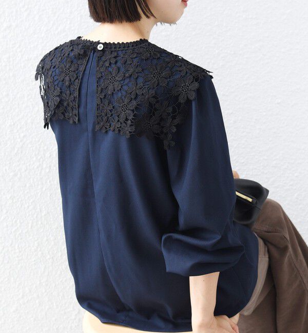 SHIPS for women「【WEB限定】〈手洗い可能〉フラワー ヨーク レース ロング スリーブ ブラウス」|シャツ・ブラウス|ネイビー