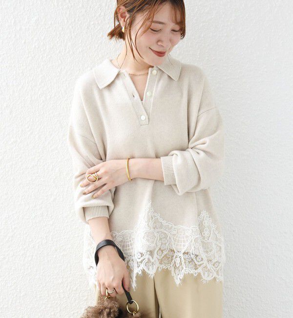 SHIPS for women「【WEB限定】〈手洗い可能〉レーストリム スキッパー ポロ襟 ニット」|ニット・セーター|オフホワイト
