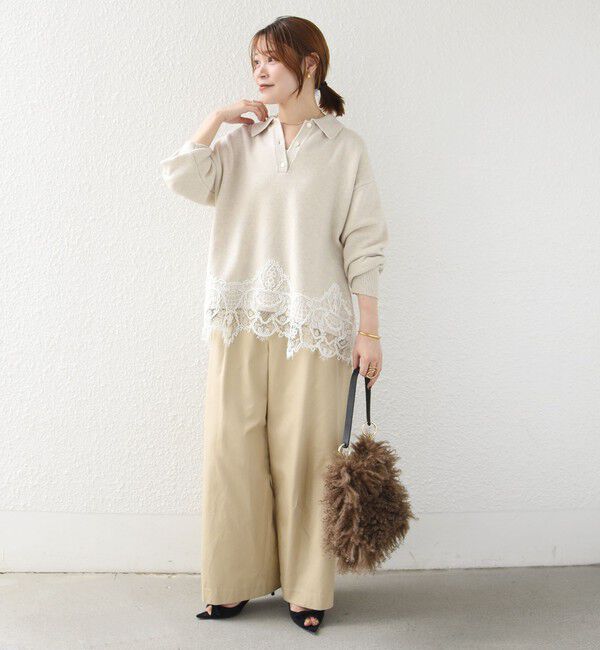 SHIPS for women「【WEB限定】〈手洗い可能〉レーストリム スキッパー ポロ襟 ニット」|ニット・セーター|