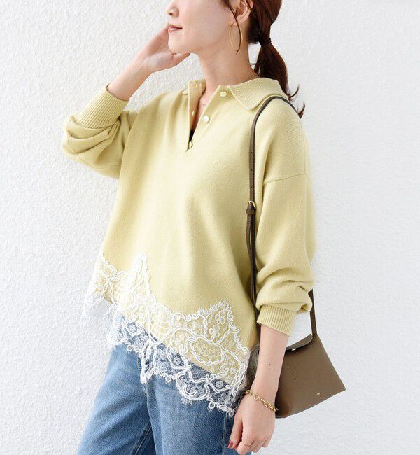 SHIPS for women「【WEB限定】〈手洗い可能〉レーストリム スキッパー ポロ襟 ニット」|ニット・セーター|ライトイエロー
