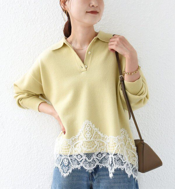 SHIPS for women「【WEB限定】〈手洗い可能〉レーストリム スキッパー ポロ襟 ニット」|ニット・セーター|