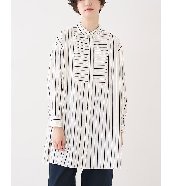 collex「バックギャザーストライプブサムロングシャツ」|シャツ・ブラウス|ネイビー