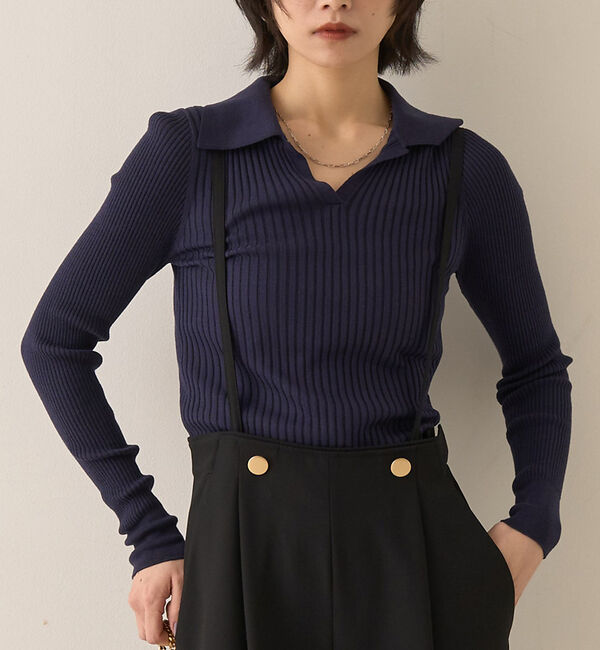 Rouge vif「シルク混ワイドリブポロニット」|ニット・セーター|ネイビー
