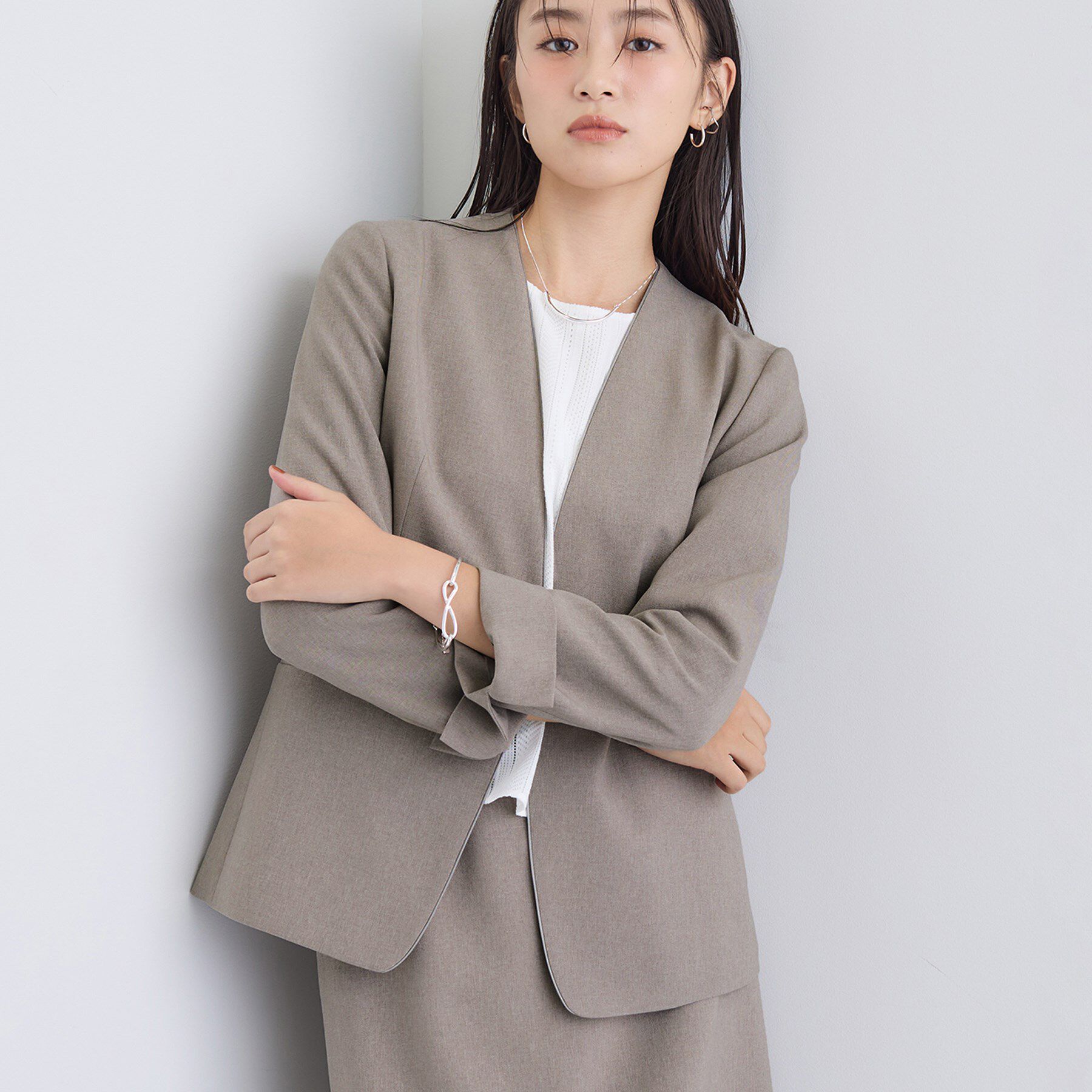 INDIVI「【洗える／通勤／スーツ】メランジストレッチ ノーカラージャケット」|スーツ|
