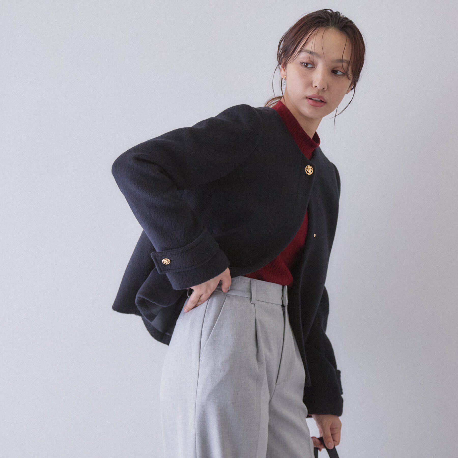 index「【植草美幸先生が指南する好印象スタイル】カシミヤ混ノーカラーショートコート」|ノーカラーコート|